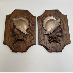 Vintage Pair Spanish Conquistador Wall Plaques Faux Woodgrain 3D Mid-Century